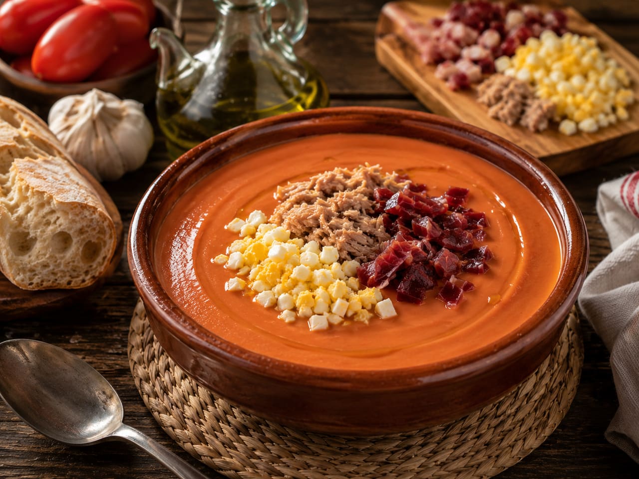 Salmorejo cordobés espeso en cazuela de barro con tomate, pan, aceite de oliva, huevo duro y jamón